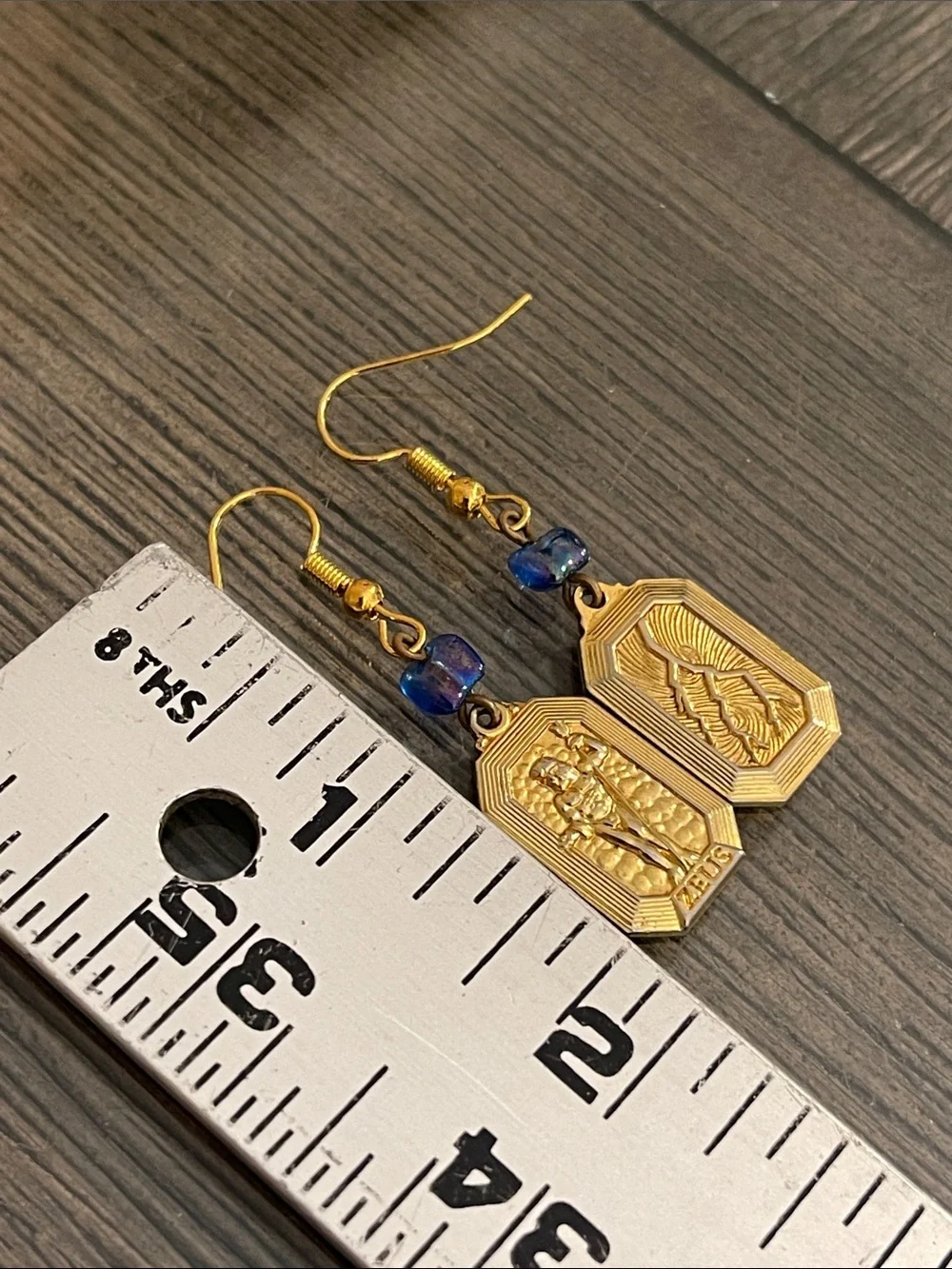 Vintage Gold-tone Rectangular Zeus Medallion Dangle Earrings